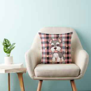 Cute Kawaii Schnauzer Dog Pink Buffalo Plaid Throw Pillow
