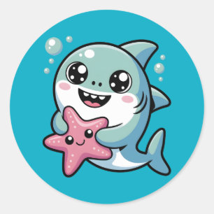 Cute Kawaii Shark & Starfish Classic Round Sticker