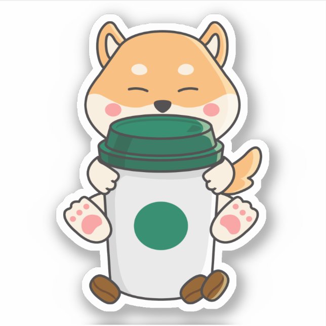 Cute kawaii shiba inu hugging a hot coffee sticker (Front)
