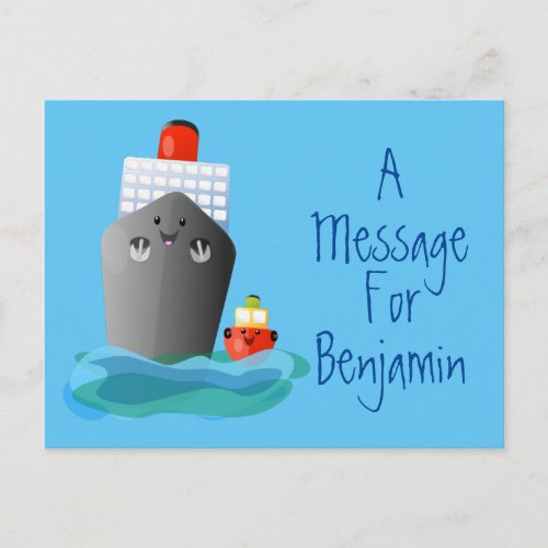 Cute kawaii ship and tug boat cartoon illustration postcard