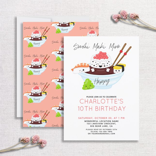 Cute Kawaii Shushi Maki Miso Happy Birthday Party Invitation (Creator Uploaded)
