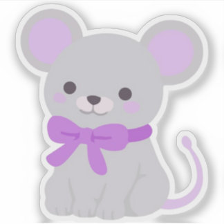 Cute Kawaii Sitting Grey Mouse Purple Bow Vinyl Sticker