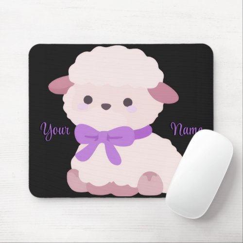 Cute Kawaii Sitting Lamb Purple Bow Custom Mouse Pad