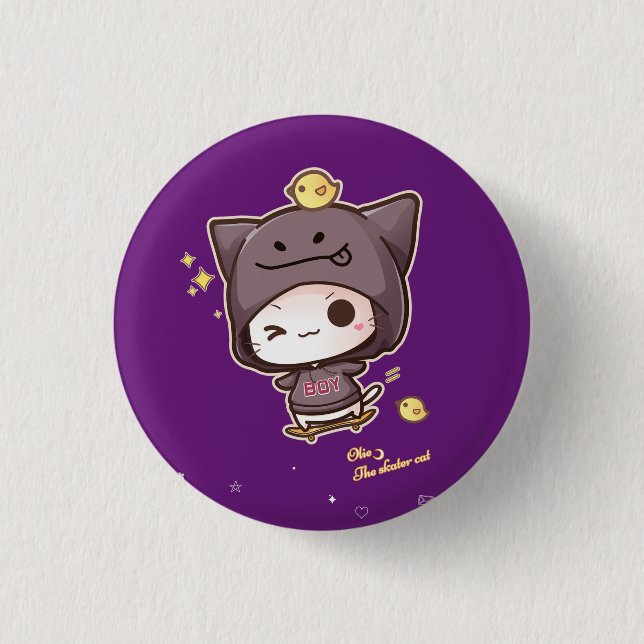 Cute kawaii skater cat wearing hoodie button (Front)