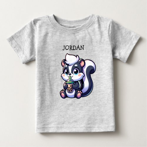 Cute Kawaii Skunk with Bubble Tea Personalized  Baby T_Shirt
