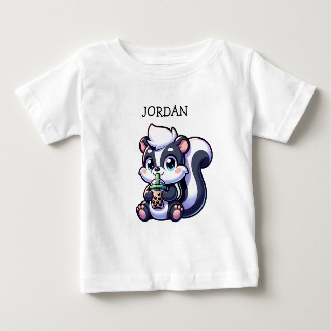 Cute Kawaii Skunk with Bubble Tea Personalized  Baby T-Shirt (Front)