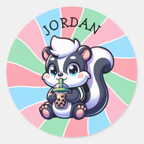 Cute Kawaii Skunk with Bubble Tea Personalized Classic Round Sticker