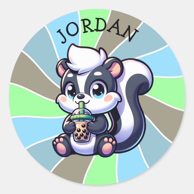 Cute Kawaii Skunk with Bubble Tea Personalized  Classic Round Sticker (Front)