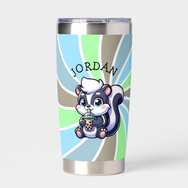 Cute Kawaii Skunk with Bubble Tea Personalized Insulated Tumbler (Front)
