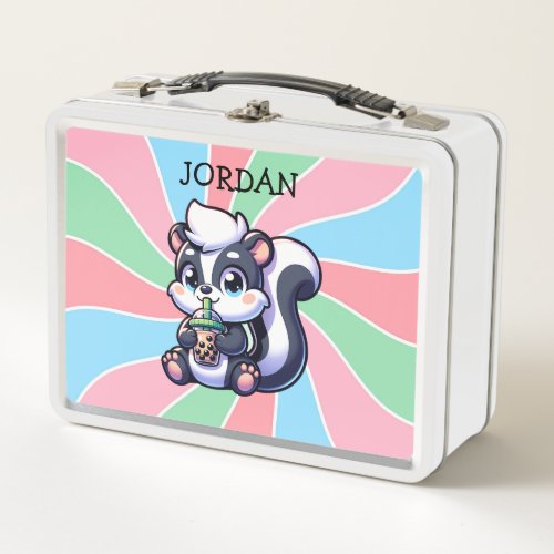 Cute Kawaii Skunk with Bubble Tea Personalized Metal Lunch Box