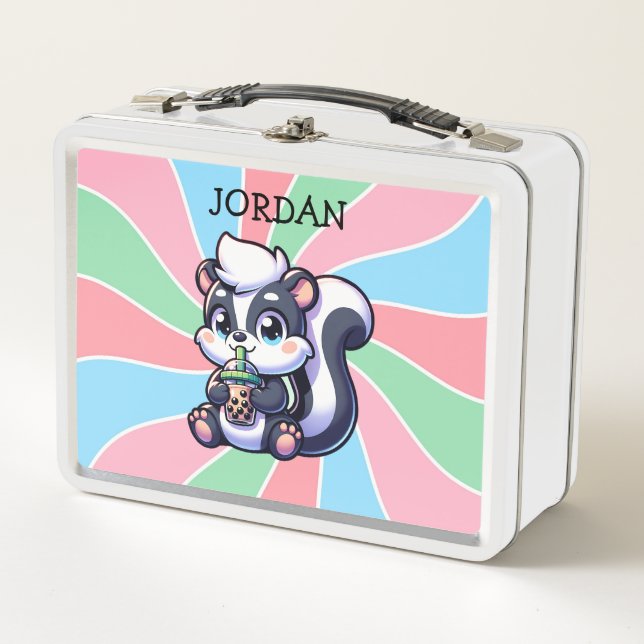 Cute Kawaii Skunk with Bubble Tea Personalized Metal Lunch Box (Front)