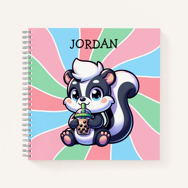 Cute Kawaii Skunk with Bubble Tea Personalized  Notebook (Front)
