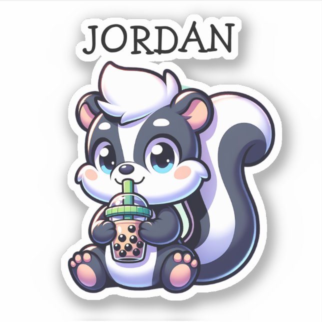 Cute Kawaii Skunk with Bubble Tea Personalized  Sticker (Front)