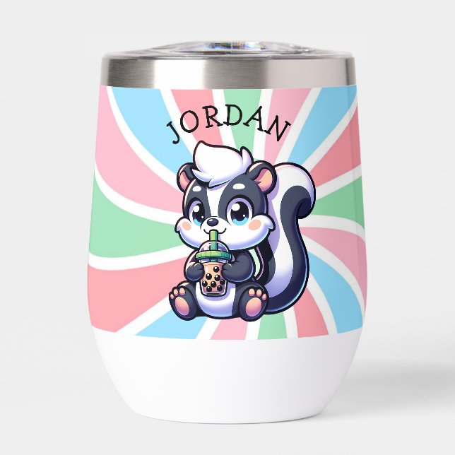 Cute Kawaii Skunk with Bubble Tea Personalized Thermal Wine Tumbler (Front)