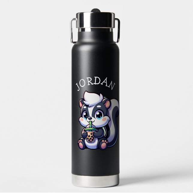 Cute Kawaii Skunk with Bubble Tea Personalized Water Bottle (Front)