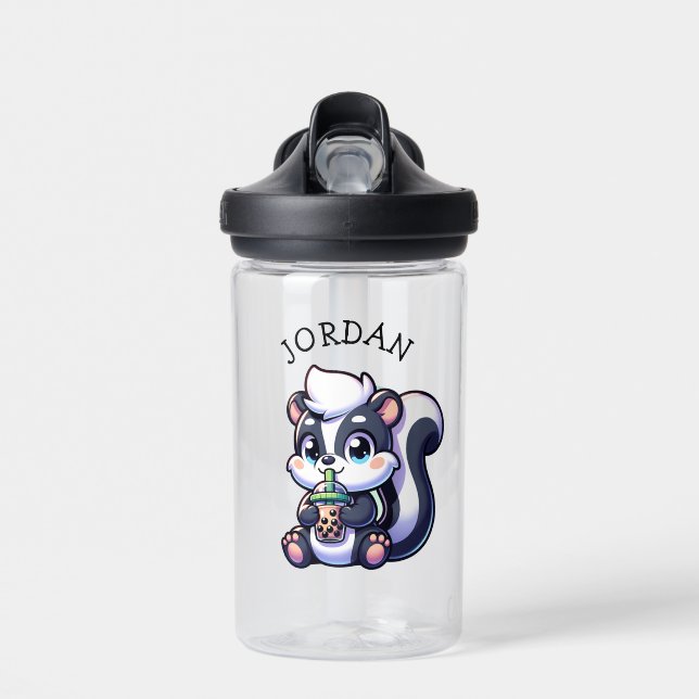 Cute Kawaii Skunk with Bubble Tea Personalized Water Bottle (Front)