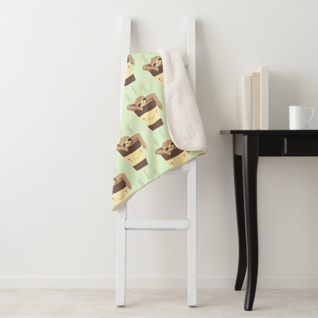 Cute Kawaii Sloth in Coffee Cup Sherpa Blanket (In Situ)