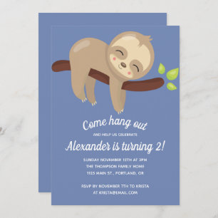 Cute Kawaii Sloth on Tree Illustration Blue Boy Invitation