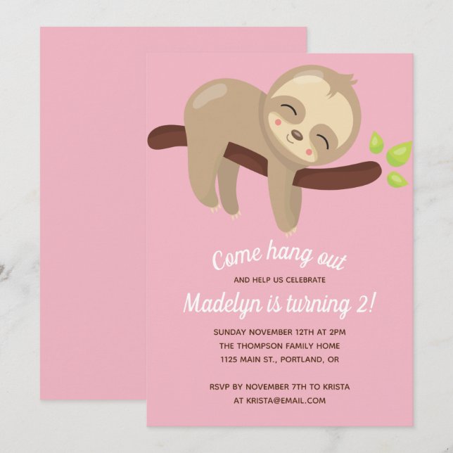 Cute Kawaii Sloth on Tree Pink Girl Invitation (Front/Back)