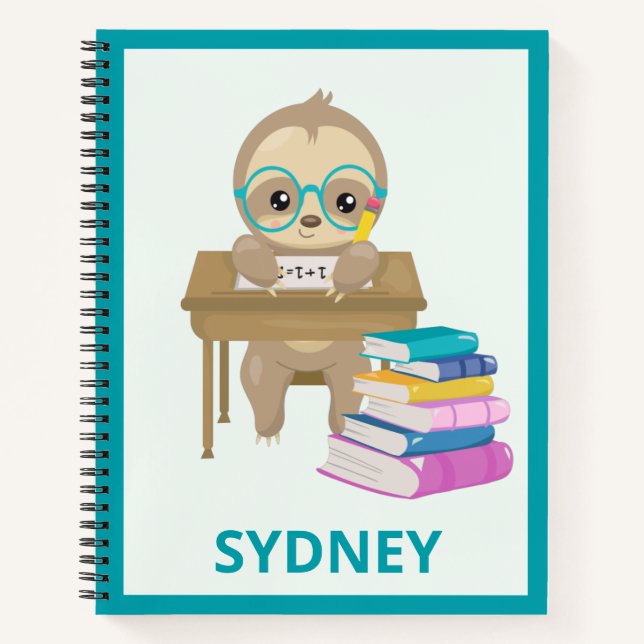Cute Kawaii Sloth School Personalized Sketching Notebook (Front)