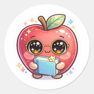 Cute Kawaii Smart Apple with Glasses Holding Book  Classic Round Sticker