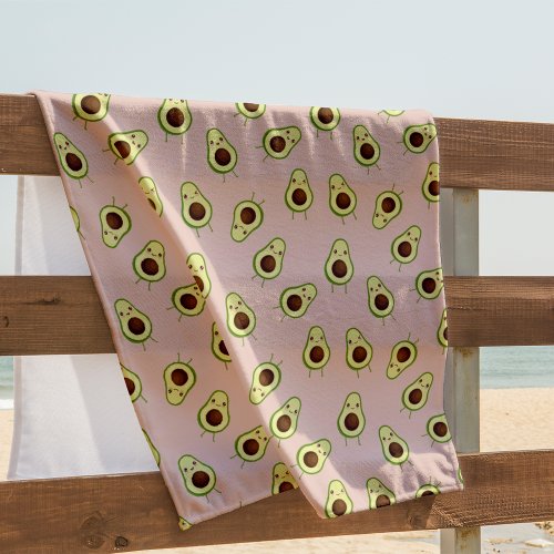 Cute Kawaii Smiling Avocado Pattern Beach Towel