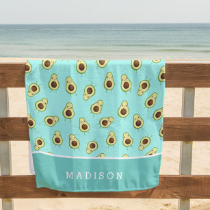 Cute Kawaii Smiling Avocado Pattern Personalized Beach Towel