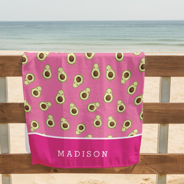 Cute Kawaii Smiling Avocado Pattern Personalized Beach Towel (Creator Uploaded)