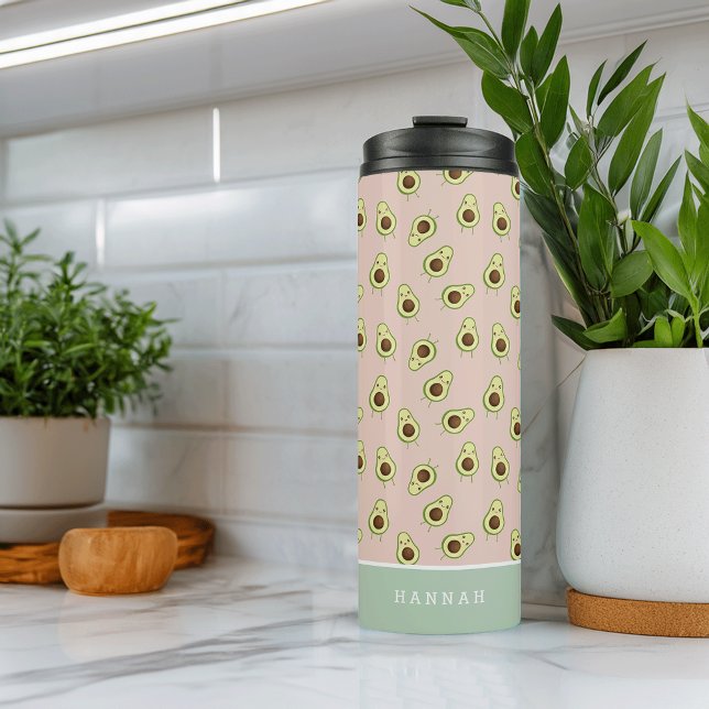 Cute Kawaii Smiling Avocado Pattern Personalized Thermal Tumbler (Creator Uploaded)