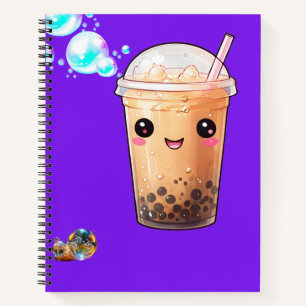 Cute Kawaii Smiling Boba Tea on Purple  Notebook