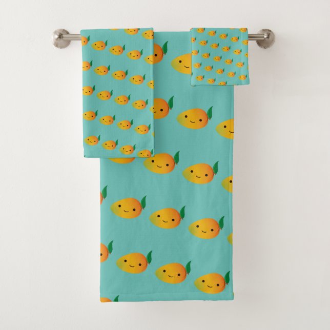 Cute Kawaii Smiling Mango Pattern Bath Towel Set (Insitu)
