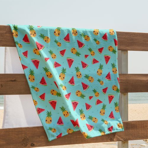 Cute Kawaii Smiling Pineapple  Watermelon Pattern Beach Towel
