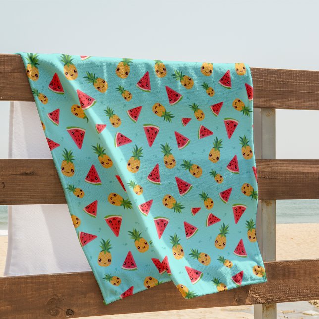 Cute Kawaii Smiling Pineapple & Watermelon Pattern Beach Towel (Creator Uploaded)