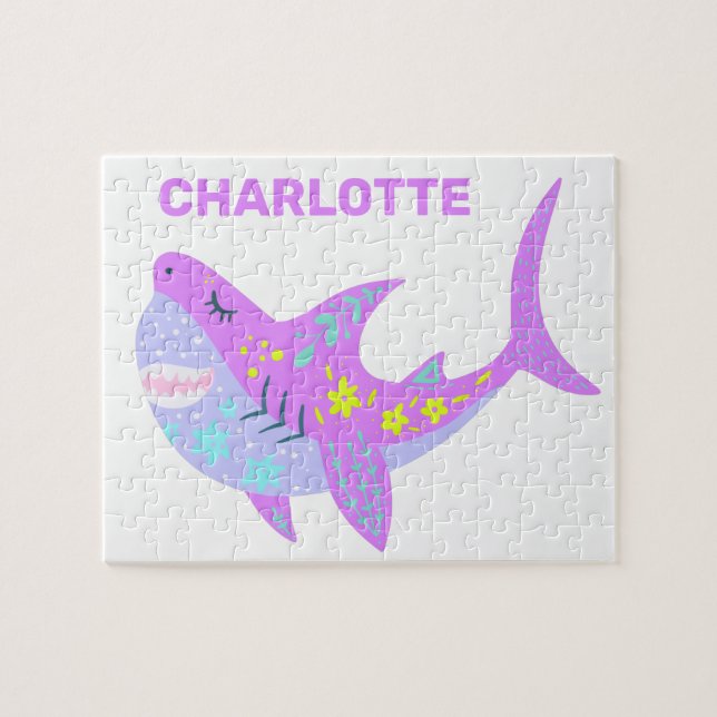 Cute Kawaii Smiling Shark in Purple Personalized Jigsaw Puzzle (Horizontal)
