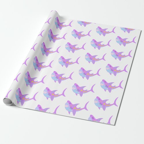 Cute Kawaii Smiling Shark Pattern in Purple Wrapping Paper