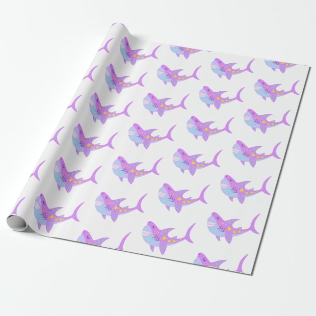 Cute Kawaii Smiling Shark Pattern in Purple Wrapping Paper (Unrolled)