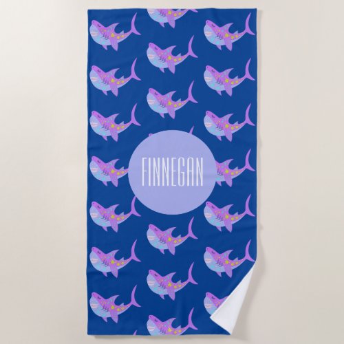 Cute Kawaii Smiling Shark Pattern Purple Blue Name Beach Towel