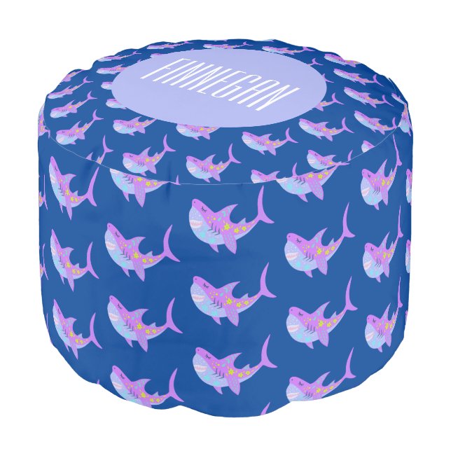 Cute Kawaii Smiling Shark Pattern Purple Blue Name Pouf (Angled Front)