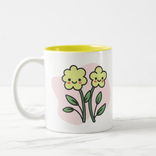 Cute Kawaii Smiling Yellow Flowers Pastel Pink  Two-Tone Coffee Mug