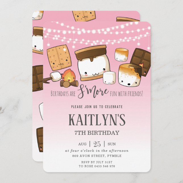 Cute Kawaii S'mores Camping Bonfire Birthday Party Invitation (Front/Back)