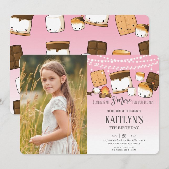 Cute Kawaii S'mores Camping Bonfire Birthday Photo Invitation (Front/Back)