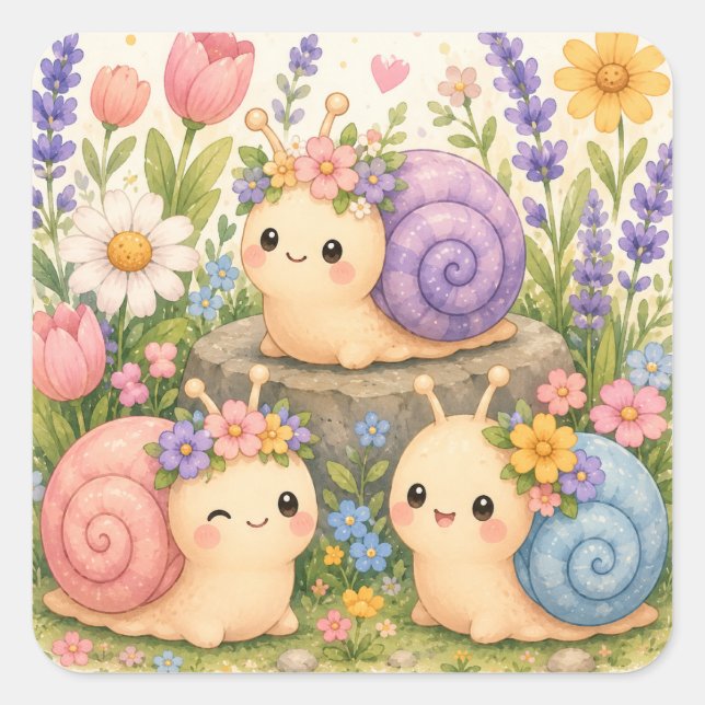 Cute kawaii snails with flowers square sticker (Front)