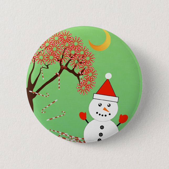 Cute Kawaii Snowman with CandyCane Tree Button (Front)