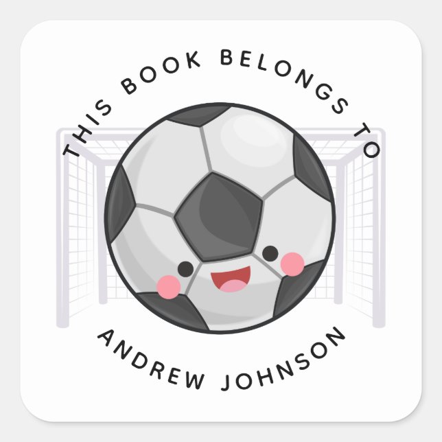 Cute Kawaii Soccer Ball Goal Kids Name Bookplate (Front)