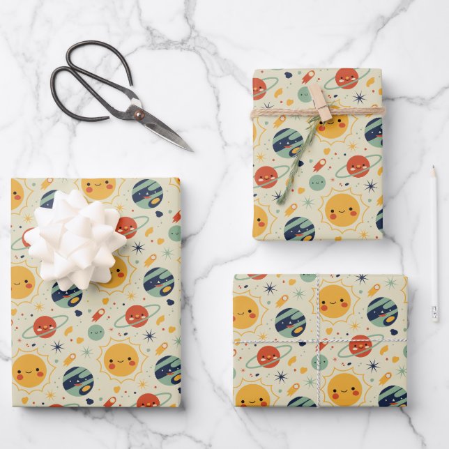 Cute Kawaii Solar System Planets Pattern Wrapping Paper Sheets (Front)