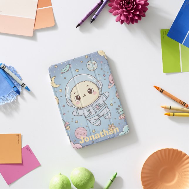 Cute Kawaii Space - Astronaut and Smiling Moon iPad Mini Cover (In Situ)