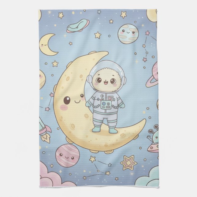 Cute Kawaii Space - Astronaut and Smiling Moon Kitchen Towel (Vertical)