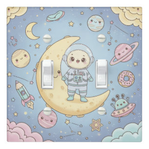 Cute Kawaii Space - Astronaut and Smiling Moon Light Switch Cover