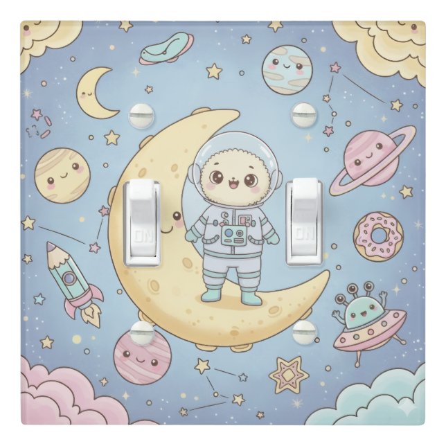 Cute Kawaii Space - Astronaut and Smiling Moon Light Switch Cover (In Situ)