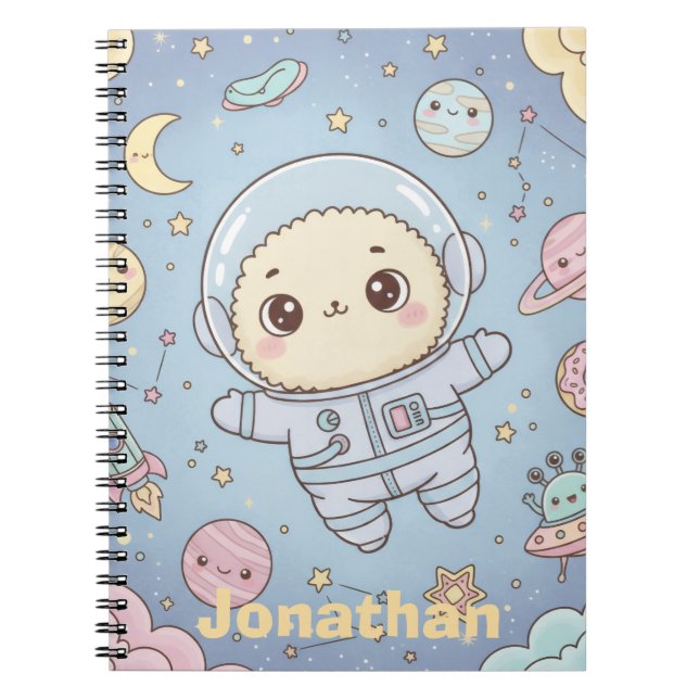 Cute Kawaii Space - Astronaut and Smiling Moon Notebook (Front)